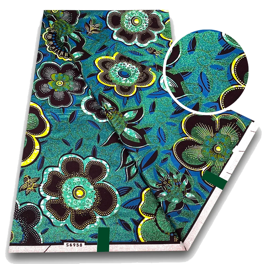 Teal Garden Ankara Flash Gold Wax Print Fabric with big blooms on deep teal, 6 yards