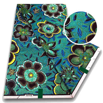 Teal Garden Ankara Flash Gold Wax Print Fabric – Big Blooms on Deep Teal, 6 Yards
