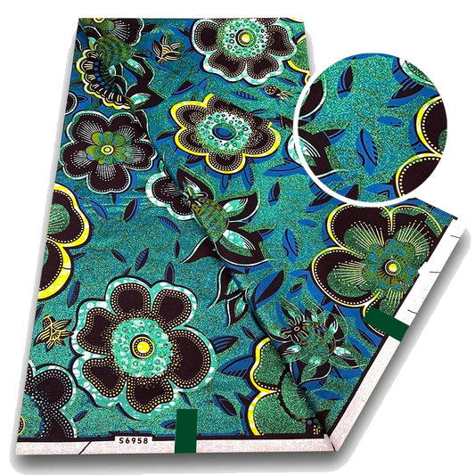 Teal Garden Ankara Flash Gold Wax Print Fabric with big blooms on deep teal, 6 yards
