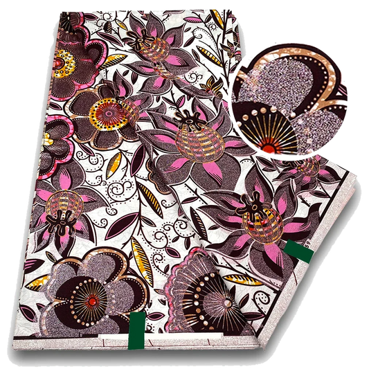 Plum Blossom Ankara Flash Gold Wax Print Fabric with pink and brown florals on white, 6 yards