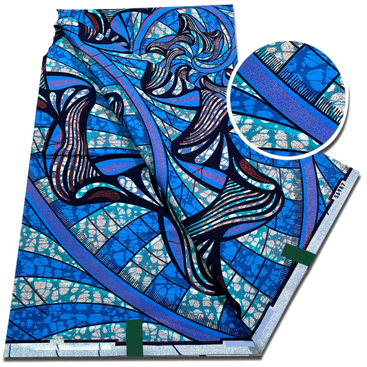 Cobalt Ribbon Ankara Flash Gold Wax Print Fabric with blue swirls and mosaic batik, 6 yards