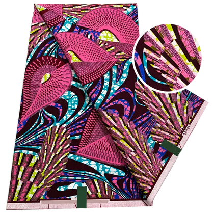 Magenta Fan Ankara Flash Gold Wax Print Fabric – Pink Peacock Fans with Lime Accents, 6 Yards