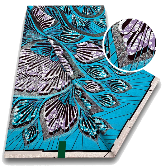Turquoise Feather Ankara Flash Gold Wax Print Fabric with lilac and silver leaves, 6 yards