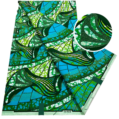 Emerald Fan Ankara Flash Gold Wax Print Fabric – Green Leaf Fans on Turquoise, 6 Yards