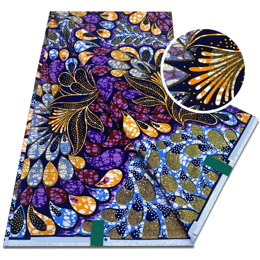 Purple Peacock Ankara Flash Gold Wax Print Fabric with gold feather burst on violet, 6 yards