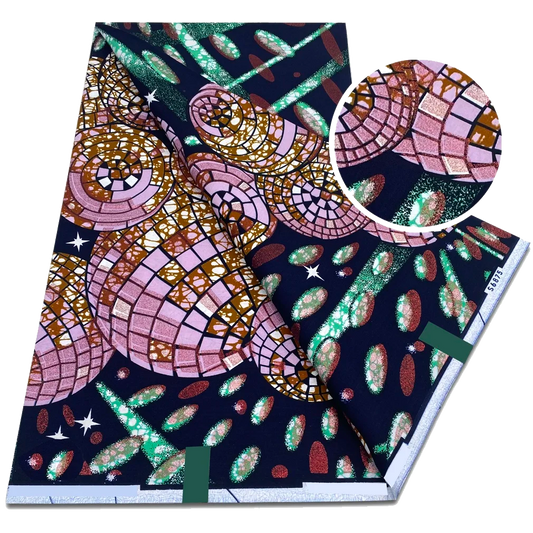 Rose Mosaic Ankara Flash Gold Wax Print Fabric with pink stained-glass bloom on navy, 6 yards