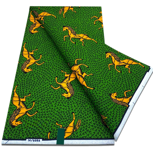 Green and Orange Antelope Ankara Wax Print Fabric, 6 yards
