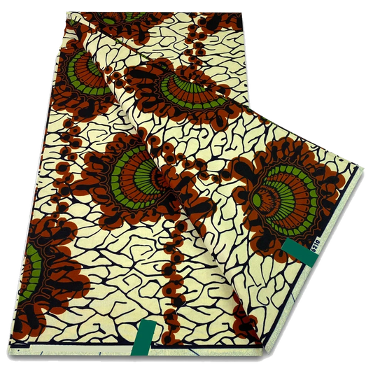 Cream and Rust Flower Medallion Ankara Wax Print Fabric, 6 yards