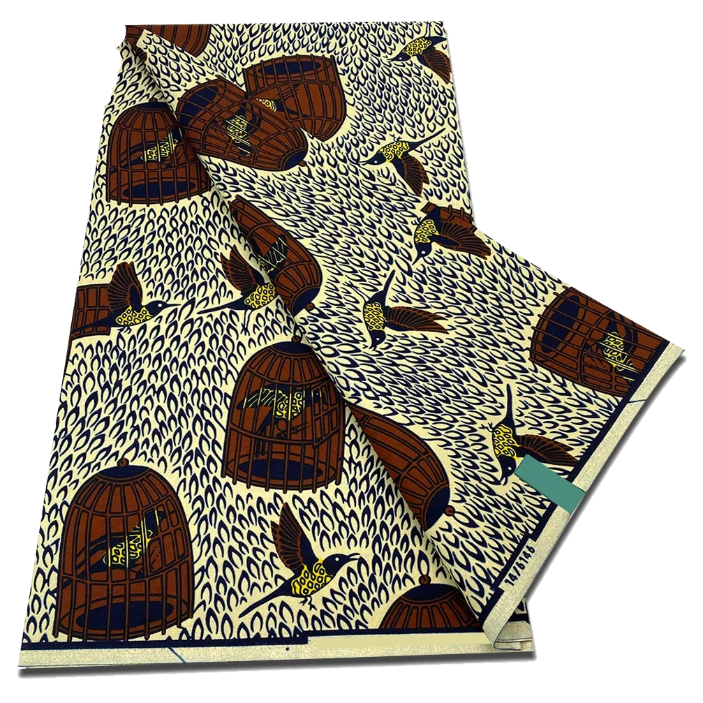 Brown Birdcage and Bird Ankara Wax Print Fabric, 6 yards