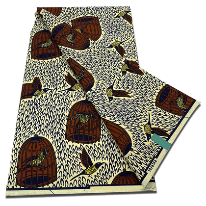 Brown Birdcage and Bird Ankara Wax Print Fabric, 6 Yards