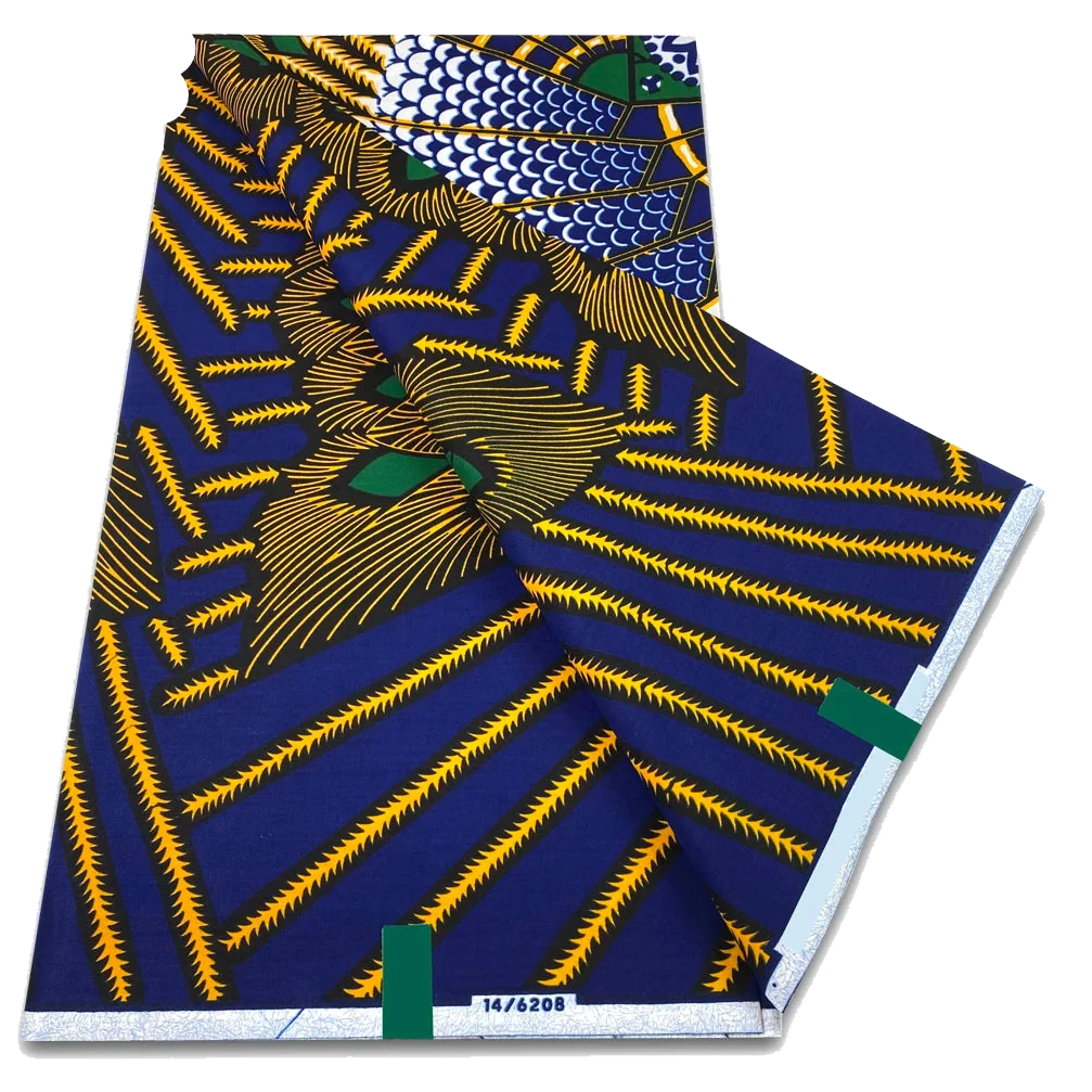 Navy and Gold Diagonal Stripe Ankara Wax Print Fabric, 6 yards