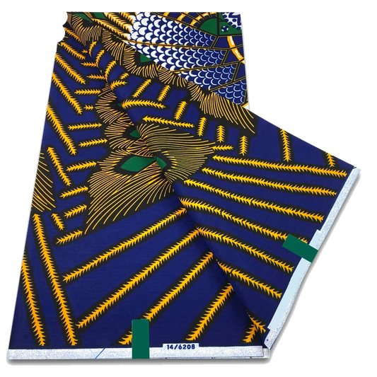 Navy and Gold Diagonal Stripe Ankara Wax Print Fabric, 6 yards