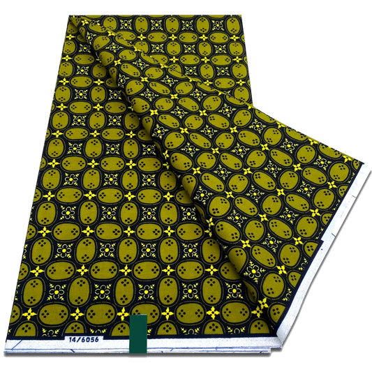 Olive and Black Geometric Tile Ankara Wax Print Fabric, 6 yards