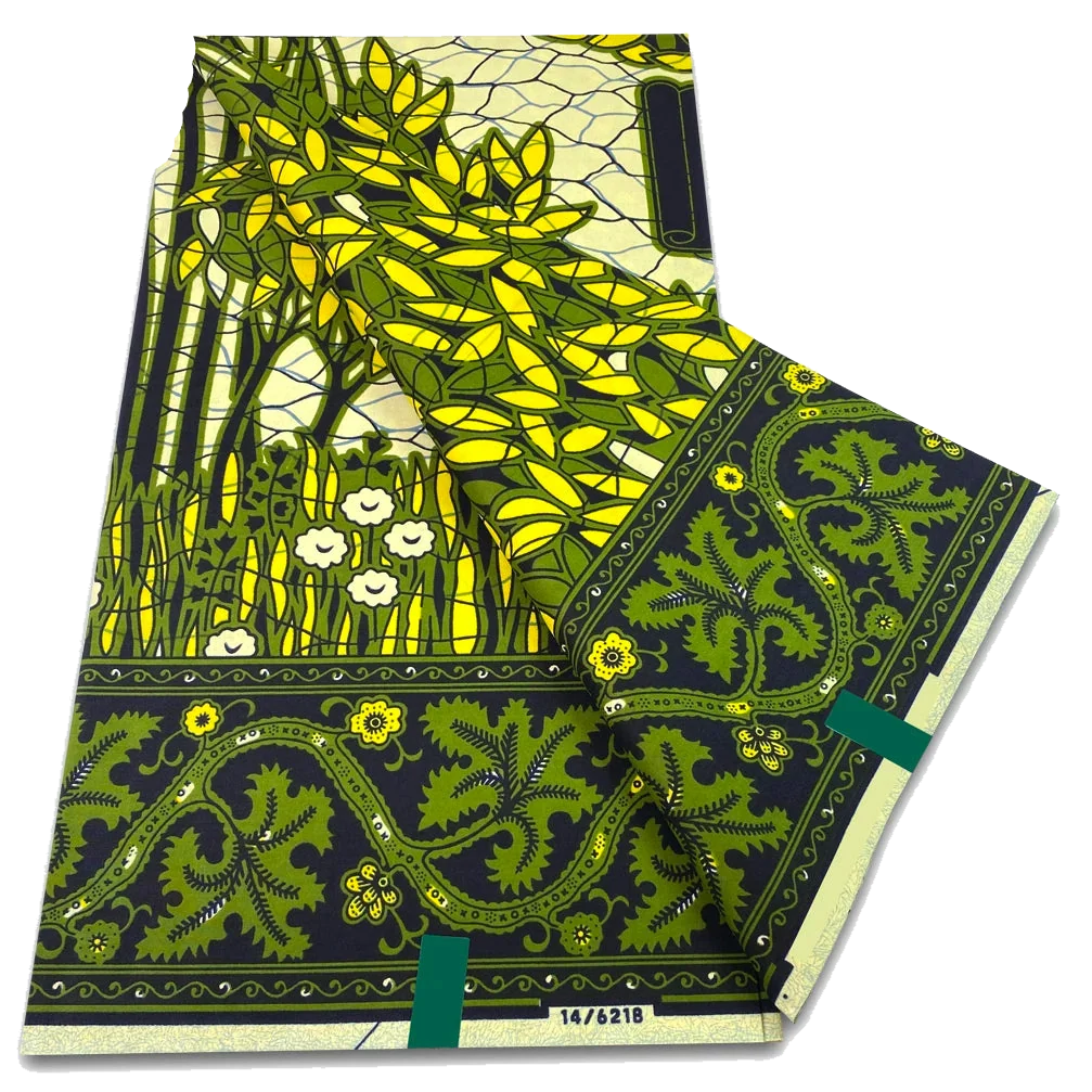 Green and Yellow Leaf Border Ankara Wax Print Fabric, 6 yards