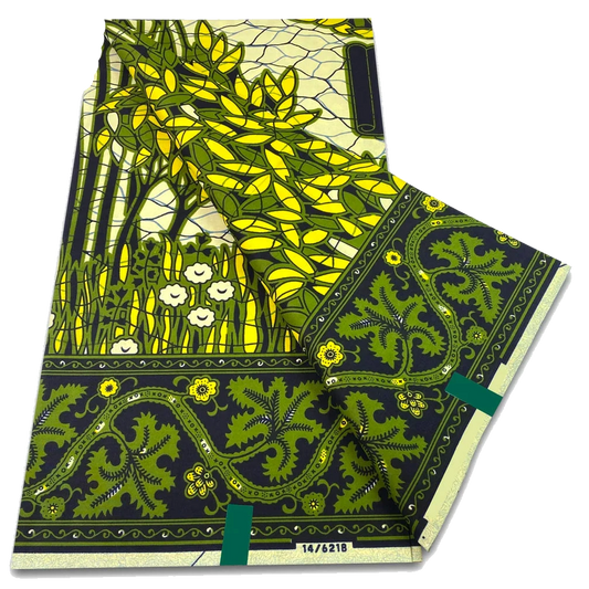 Green and Yellow Leaf Border Ankara Wax Print Fabric, 6 yards