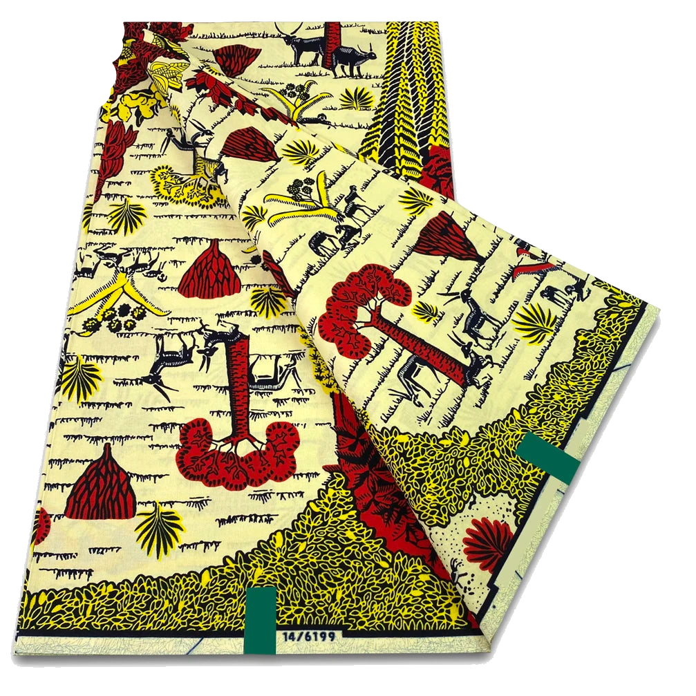 Cream and Red Village Scene Ankara Wax Print Fabric, 6 Yards