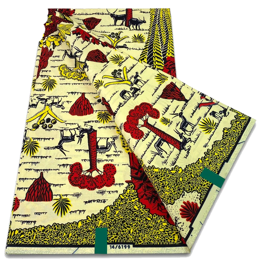Cream and Red Village Scene Ankara Wax Print Fabric, 6 yards