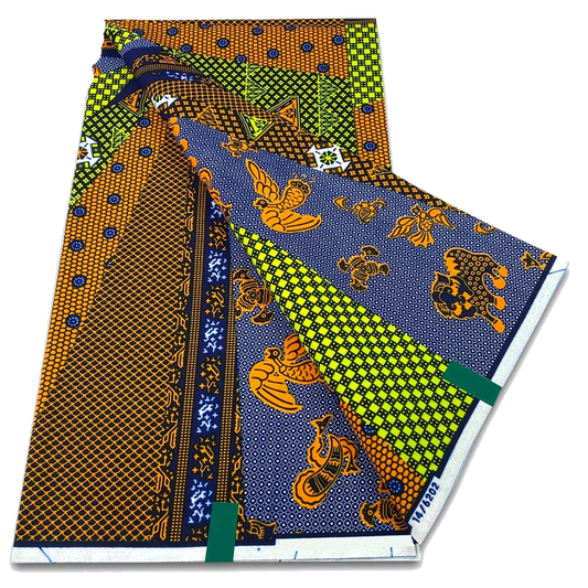 Blue and Orange Bird Patchwork Ankara Wax Print Fabric, 6 yards