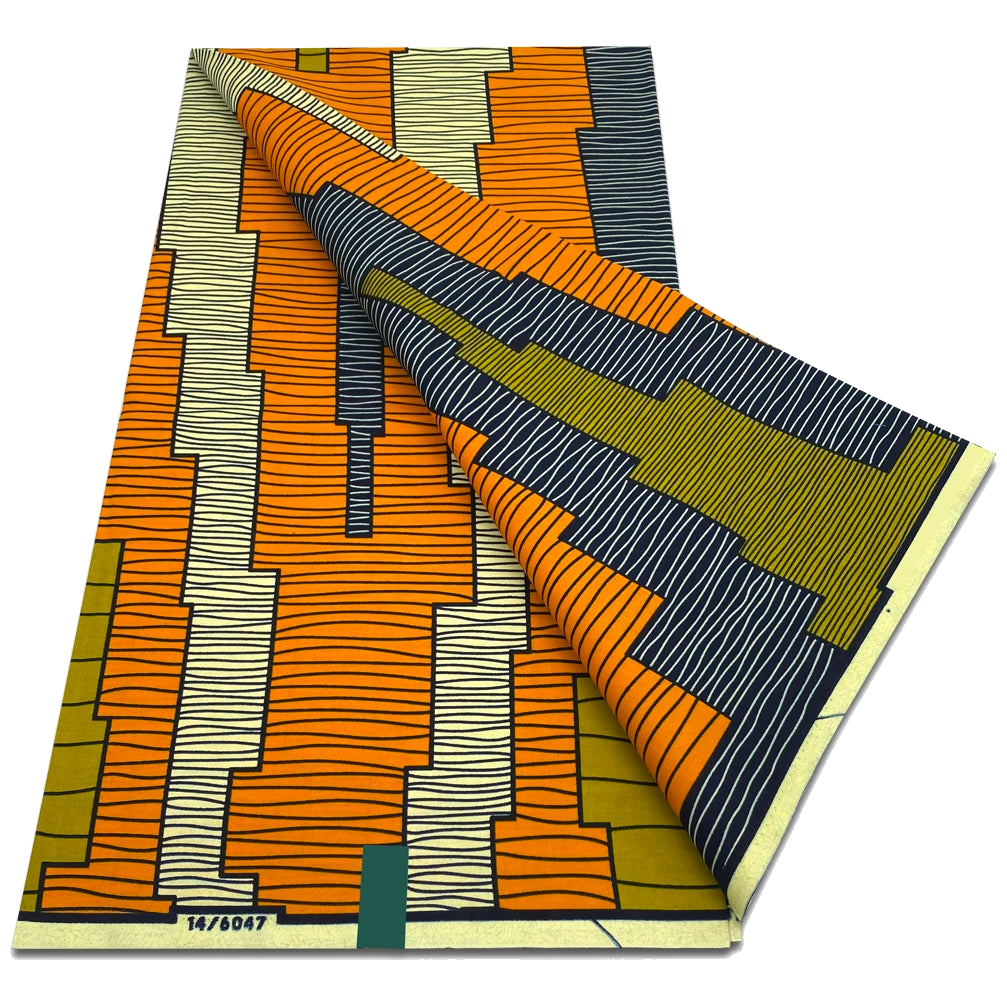 Orange and Olive Wave Stripe Ankara Wax Print Fabric, 6 Yards