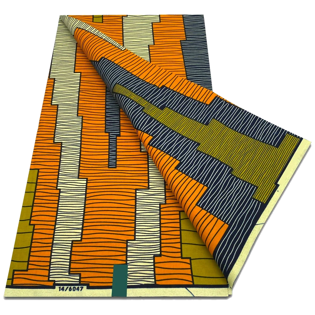 Orange and Olive Wave Stripe Ankara Wax Print Fabric, 6 yards