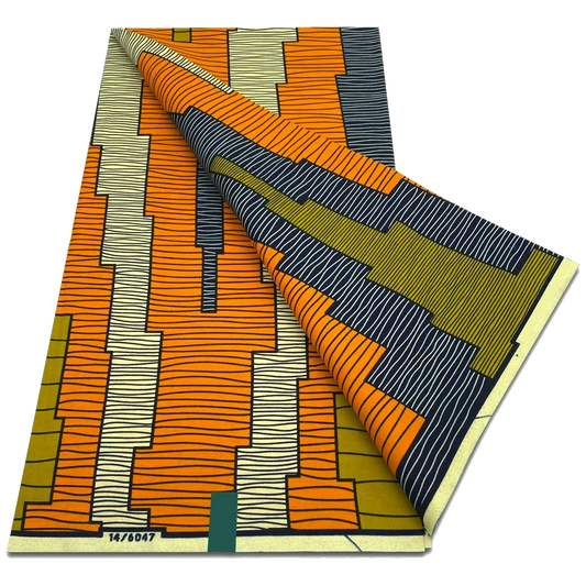 Orange and Olive Wave Stripe Ankara Wax Print Fabric, 6 yards