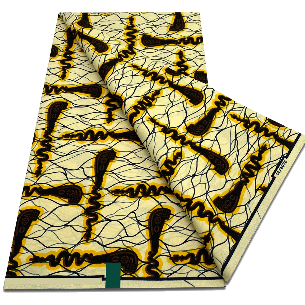 Cream and Brown Abstract Squiggle Ankara Wax Print Fabric, 6 Yards
