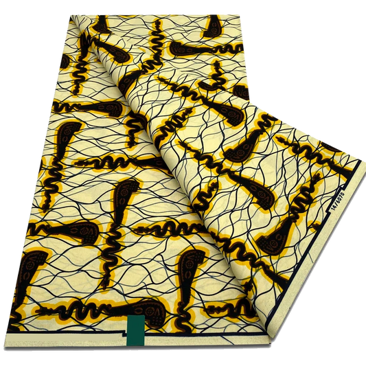 Cream and Brown Abstract Squiggle Ankara Wax Print Fabric, 6 yards