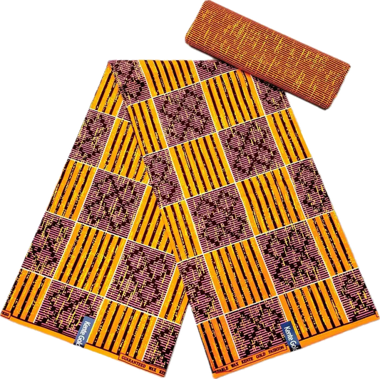 Checkerboard Block Kente Wax Print Fabric – Orange, Purple & Blue, 6 Yards