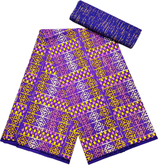 Diamond Checker Block Kente Wax Print Fabric – Purple, Pink & Yellow, 6 Yards