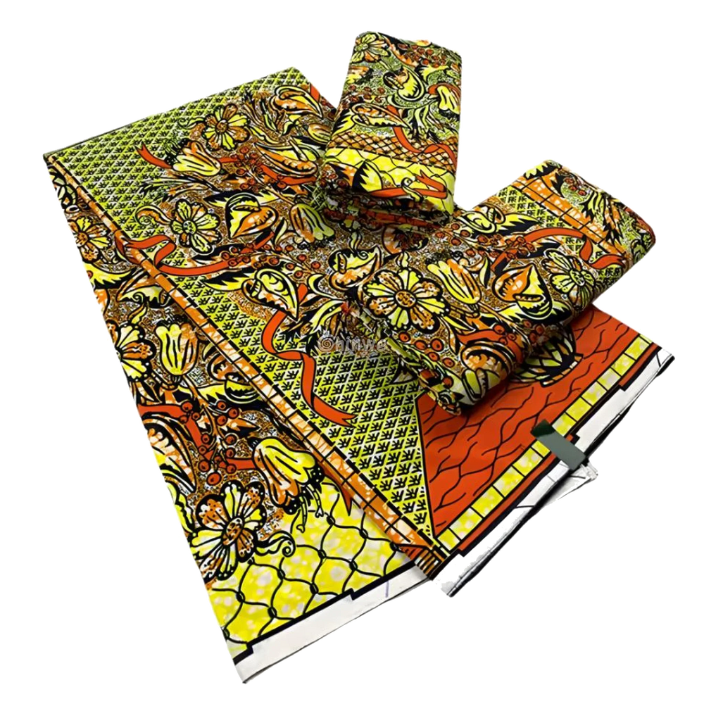 Vibrant Floral Orange and Yellow African Wax Print Fabric, 6-yard piece