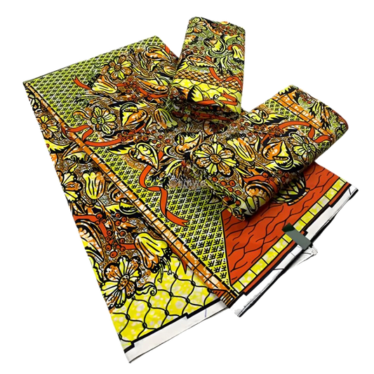 Vibrant Floral Orange and Yellow African Wax Print Fabric, 6-yard piece