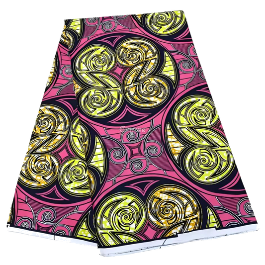 Pink and Yellow Swirl Design Ankara Wax Print Fabric Bold Geometric Patterns, 6-yard piece