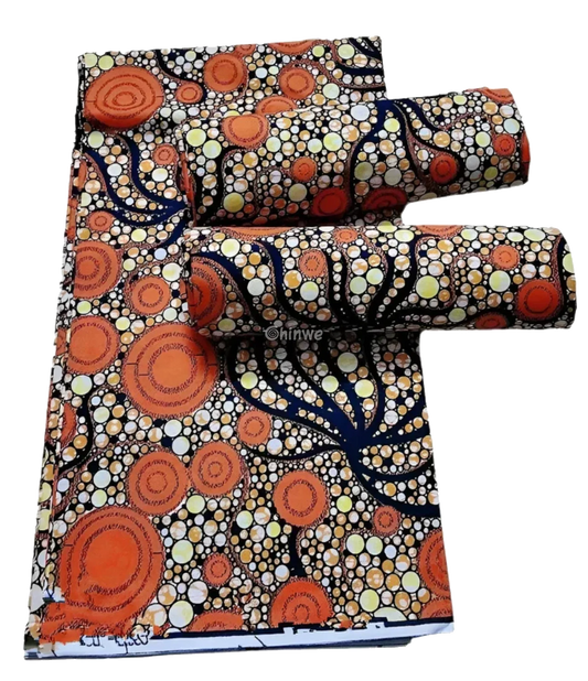 Orange and Yellow Bubble Pattern Ankara Wax Print Fabric Bold Abstract Design, 6-yard piece