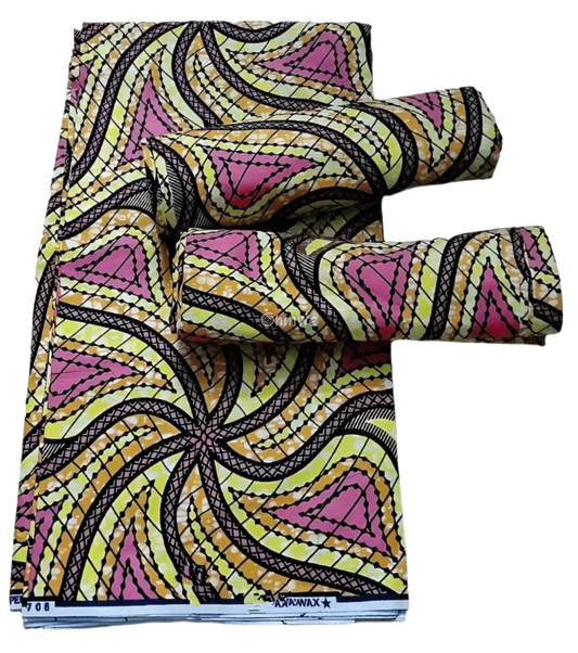 Pink and Yellow Starburst Pattern Ankara Wax Print Fabric Vibrant Abstract Design, 6-yard piece