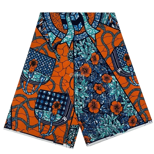 Orange & Blue Floral Ankara Fabric, 6-yard piece