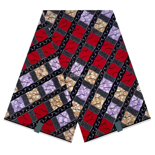 Red and Blue Striped Ankara Wax Print Fabric Bold Diagonal Patterns, 6-yard piece