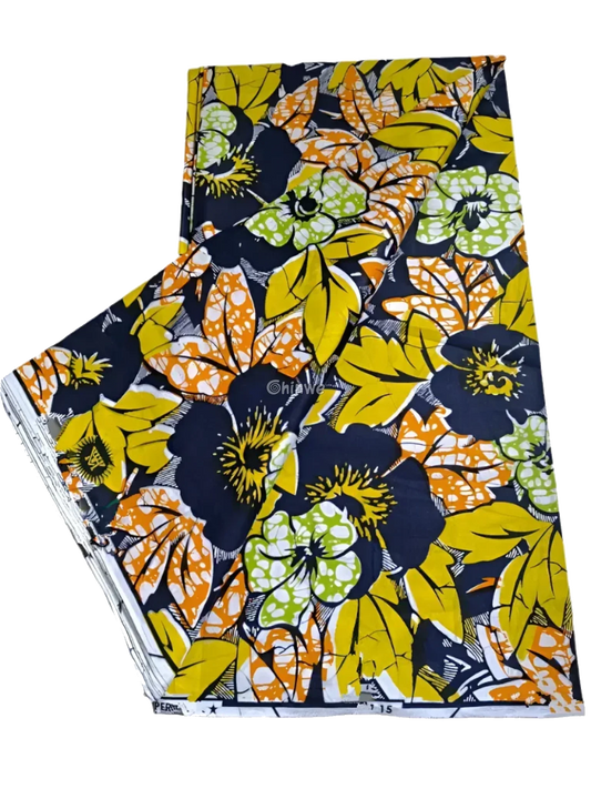 Navy Blue and Yellow Floral Ankara Wax Print Fabric Bold Leaf Design, 6-yard piece