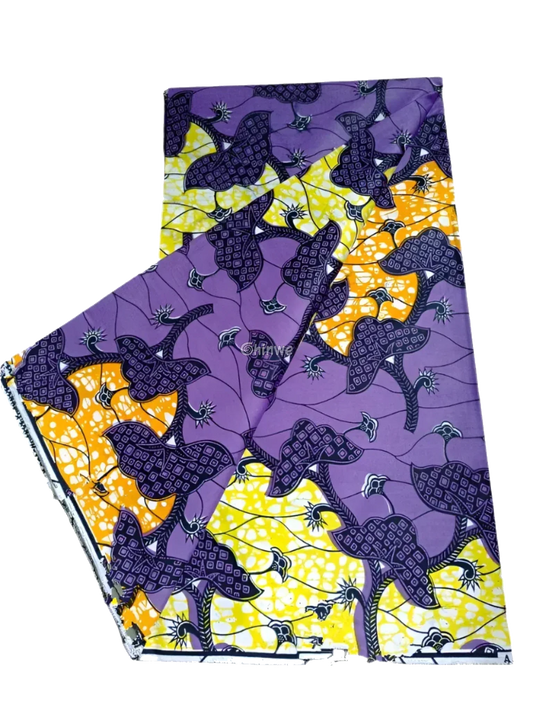 Purple and Yellow Floral Ankara Wax Print Fabric Abstract Leaf Patterns, 6-yard piece