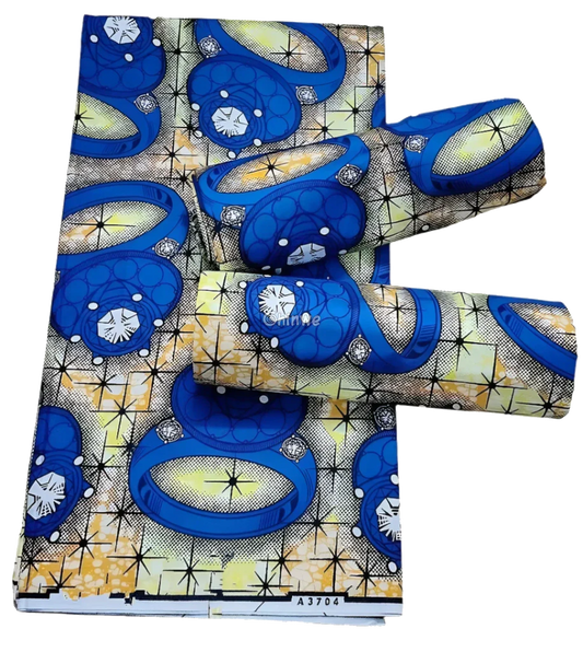 Blue and Yellow Ring Pattern Ankara Wax Print Fabric Elegant Starburst Design, 6-yard piece