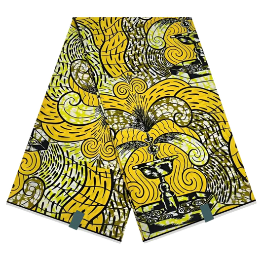 Yellow and Black Lamp Pattern Ankara Wax Print Fabric Artistic Swirl Design, 6-yard piece