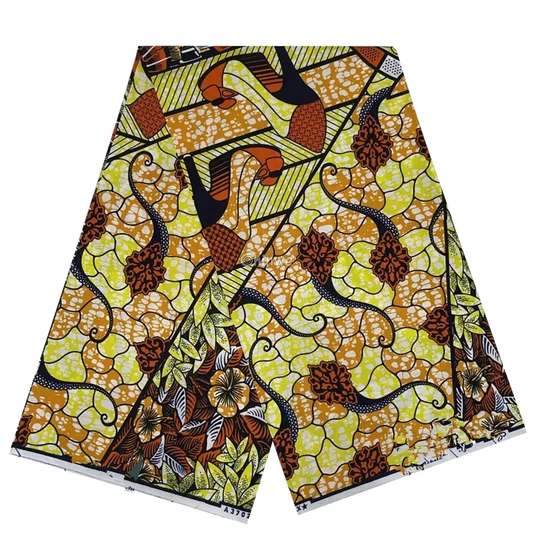 Green and Orange Floral Ankara Wax Print Fabric with Abstract Vine Design, 6-yard piece