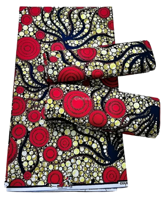 Red and Yellow Circular Ankara Wax Print Fabric with Bold Wave Design, 6-yard piece