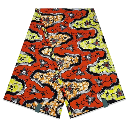 Yellow and Orange Floral Ankara Wax Print Fabric with Wavy Design, 6-yard piece