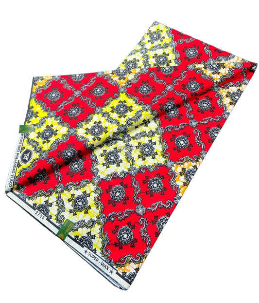 Red and Yellow Geometric Ankara Wax Print Fabric with Ornamental Design, 6-yard piece