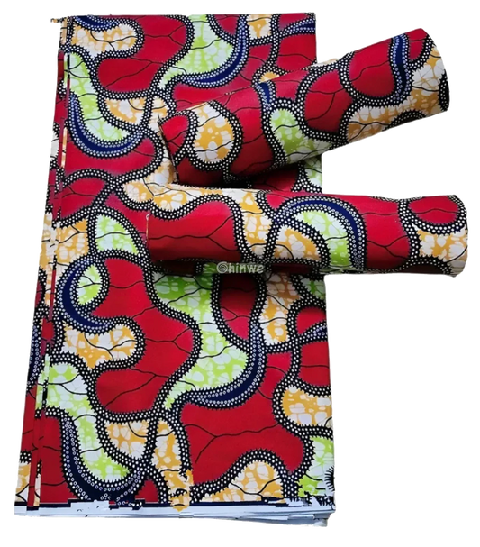 Red and Green Abstract Ankara Wax Print Fabric with Curved Line Design, 6-yard piece