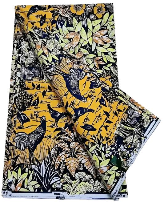 Yellow and Blue Nature Ankara Wax Print Fabric with Tropical Rooster Design, 6-yard piece