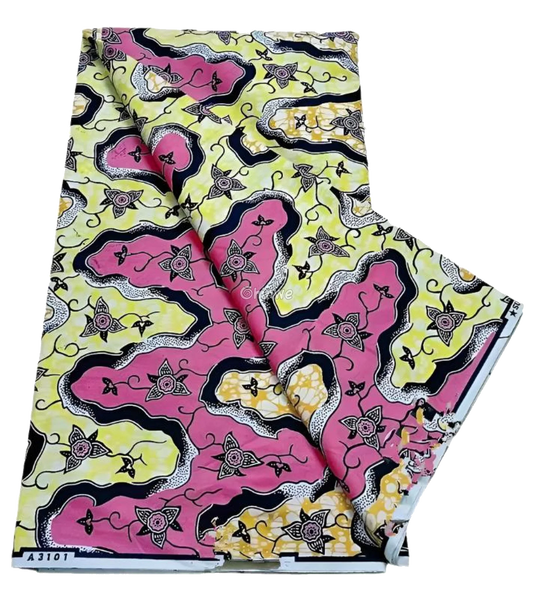 Pink and Yellow Floral Ankara Wax Print Fabric with Wavy Abstract Design, 6-yard piece