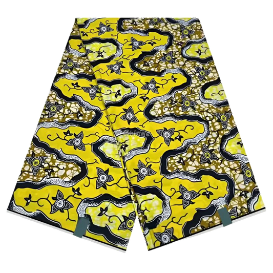 Yellow and Navy Blue Floral Ankara Wax Print Fabric with Wavy Abstract Pattern, 6-yard piece
