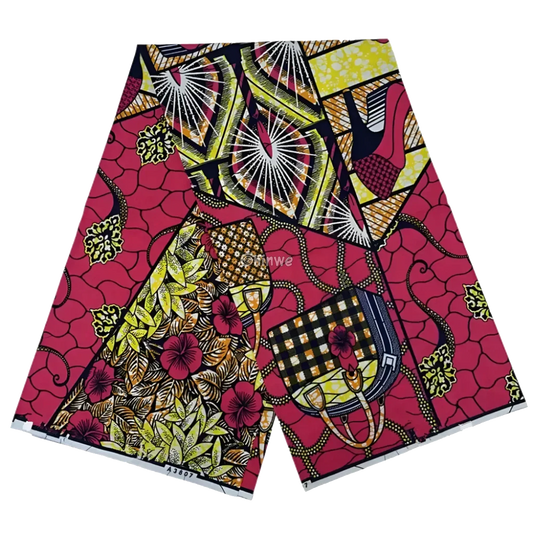 Red and Yellow Abstract Ankara Wax Print Fabric with Floral and Checkered Design, 6-yard piece