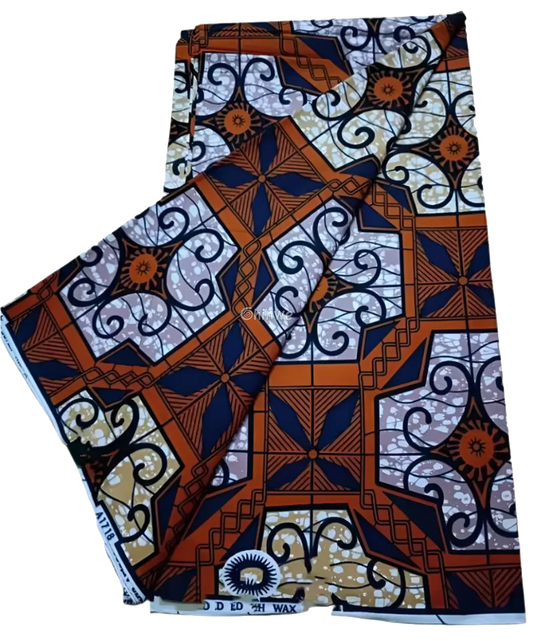 Orange and Navy Blue Geometric Ankara Wax Print Fabric with Ornamental Design, 6-yard piece
